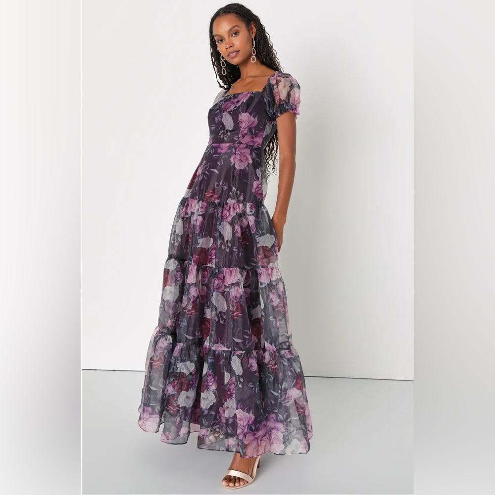 Lulus- Delightful Expression Black Floral Organza Tiered Maxi Dress